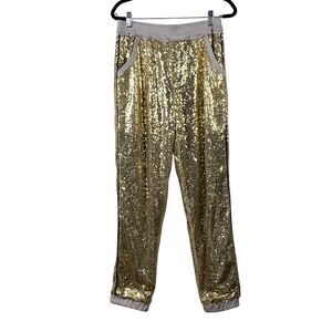 WIIP V Gold Sequin Jogger Pants Gray Trim Size M‎ Glam Party